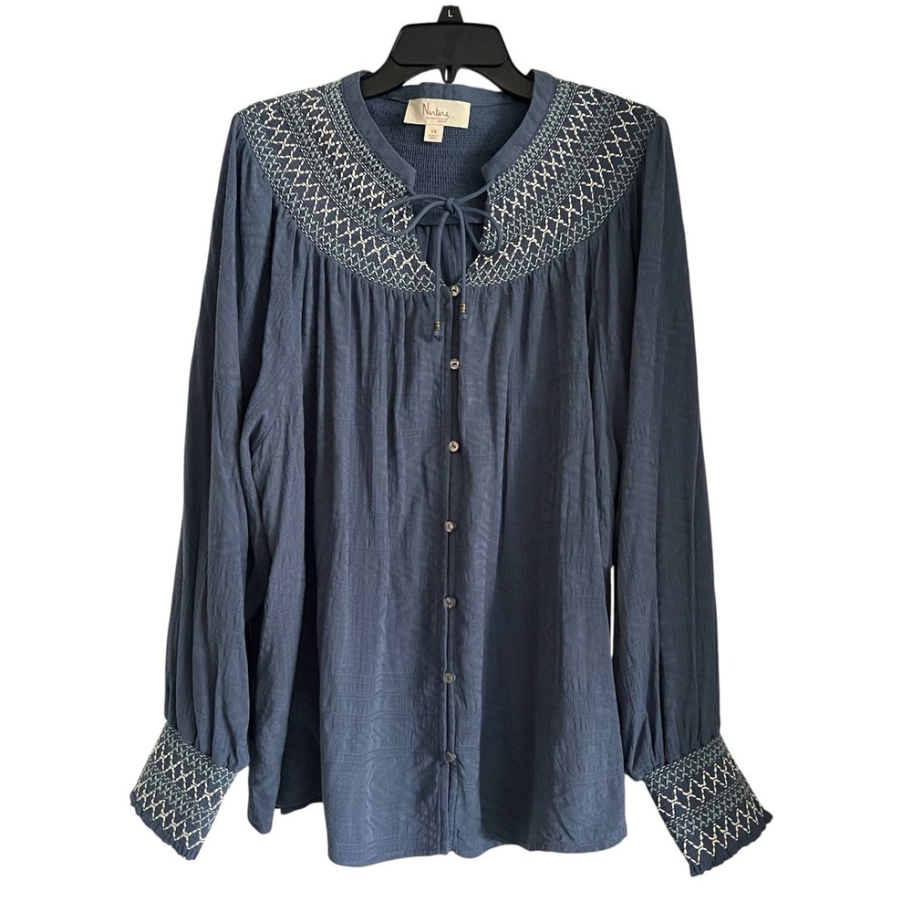 Nurture By Westbound Button Front Top Women's 3X Blue Embroidered Boho Western